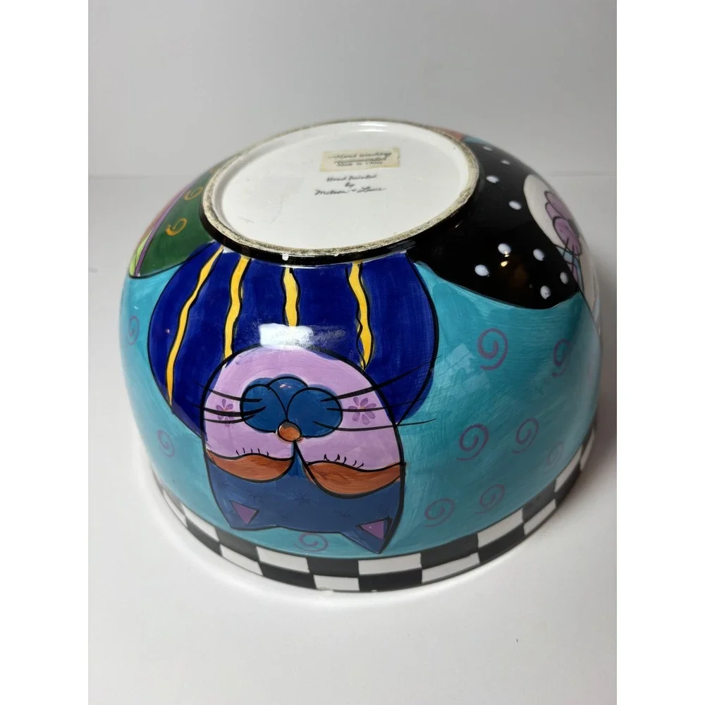 Whimsical Hand Painted by Milson & Louis Ceramic Bowl Turquoise Checkered Rim